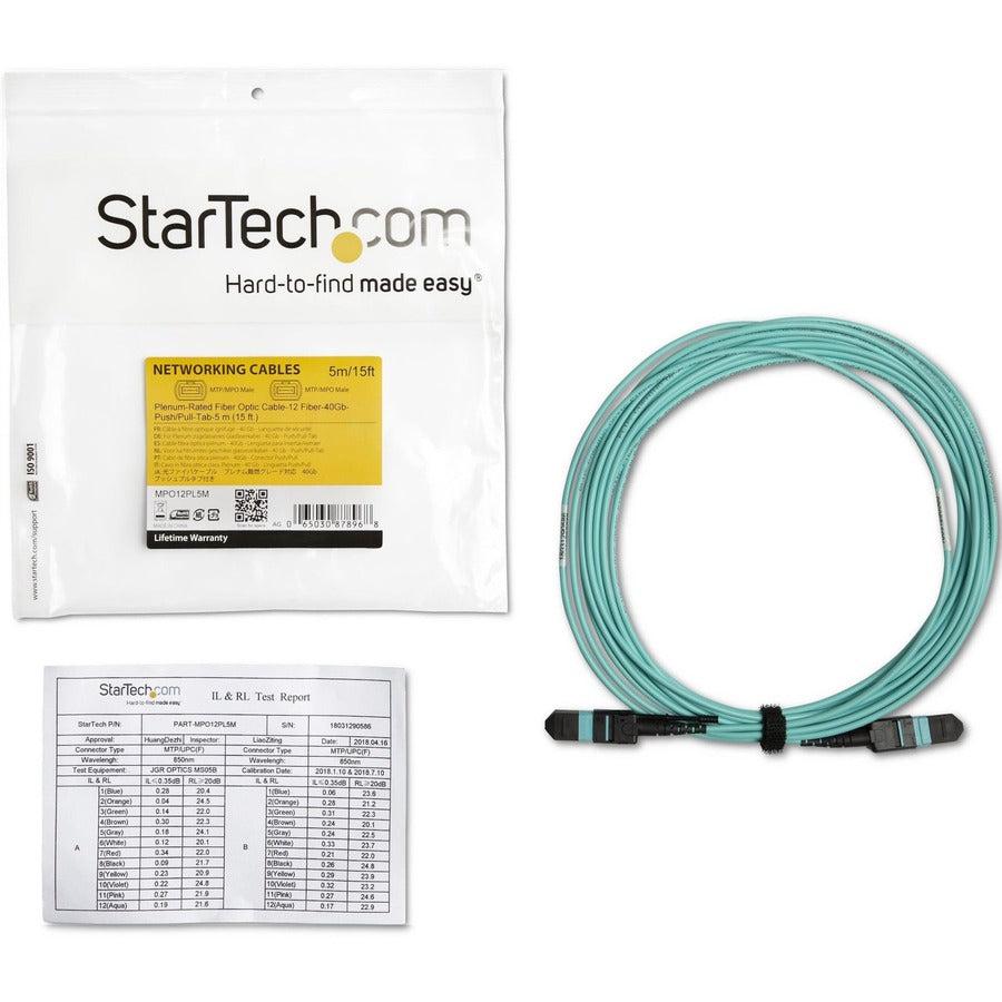 Startech.Com Mpo/Mtp Fiber Optic Cable - Plenum-Rated - Om3, 40Gb - Push/Pull-Tab - 5 M (15 Ft.)