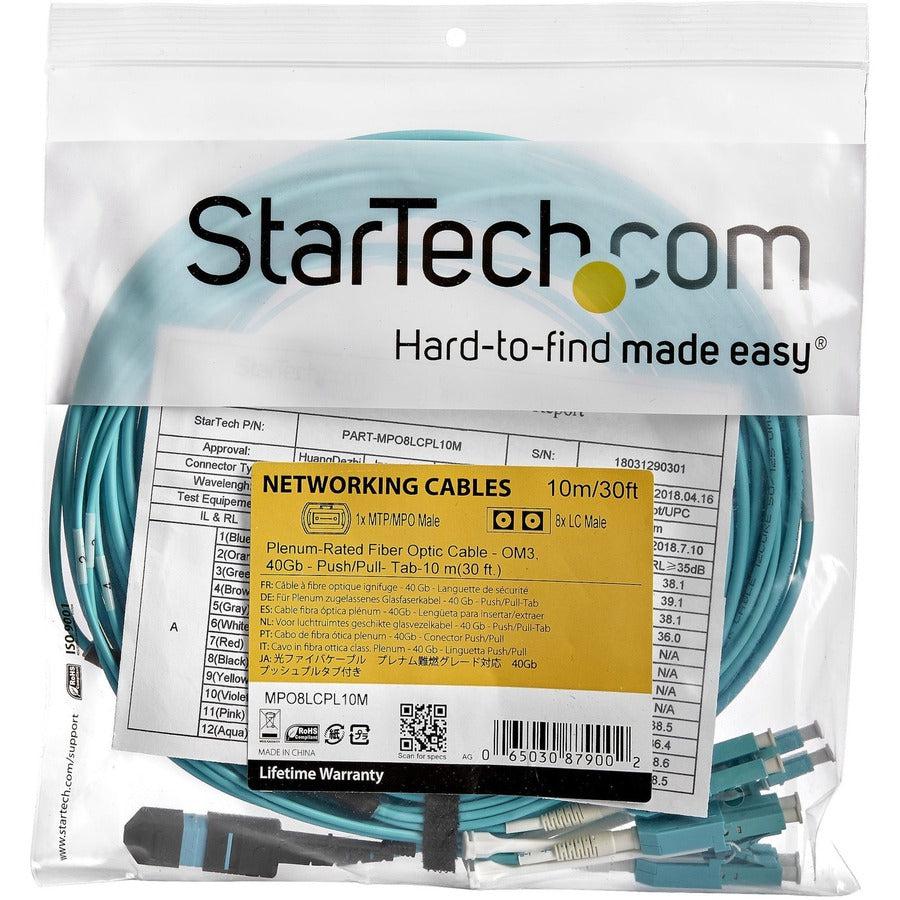Startech.Com Mpo/Mtp To Lc Breakout Cable - Plenum-Rated - Om3, 40Gb - Push/Pull-Tab - 10 M (30 Ft.)