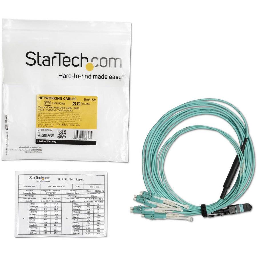 Startech.Com Mpo/Mtp To Lc Breakout Cable - Plenum-Rated - Om3, 40Gb - Push/Pull-Tab - 5 M (15 Ft.)
