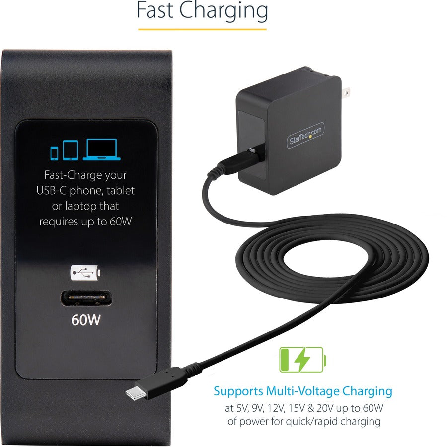 Startech.Com Usb C Wall Charger - Usb C Laptop Charger 60W Pd - 6Ft/2M Cable - Universal Compact