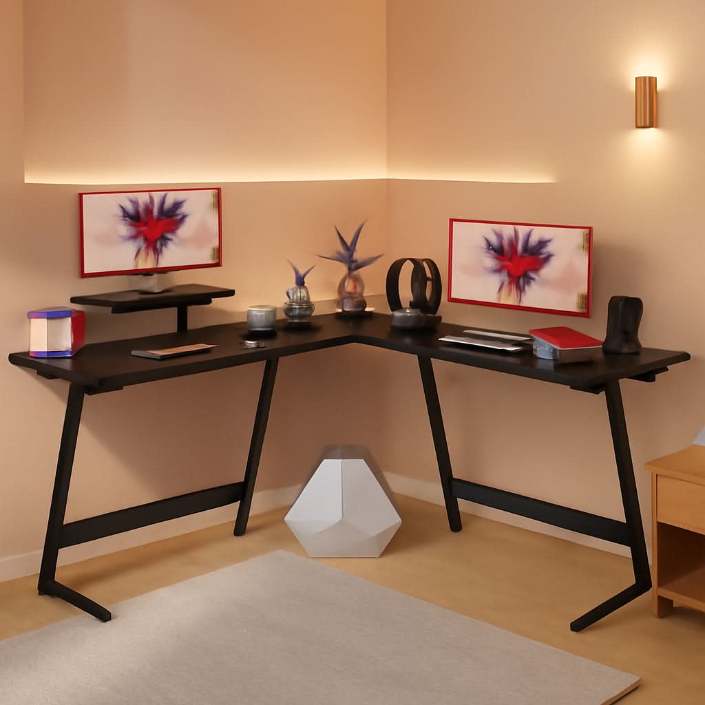 Sturdy L Shaped Gaming Desk With Monitor Riser Corner