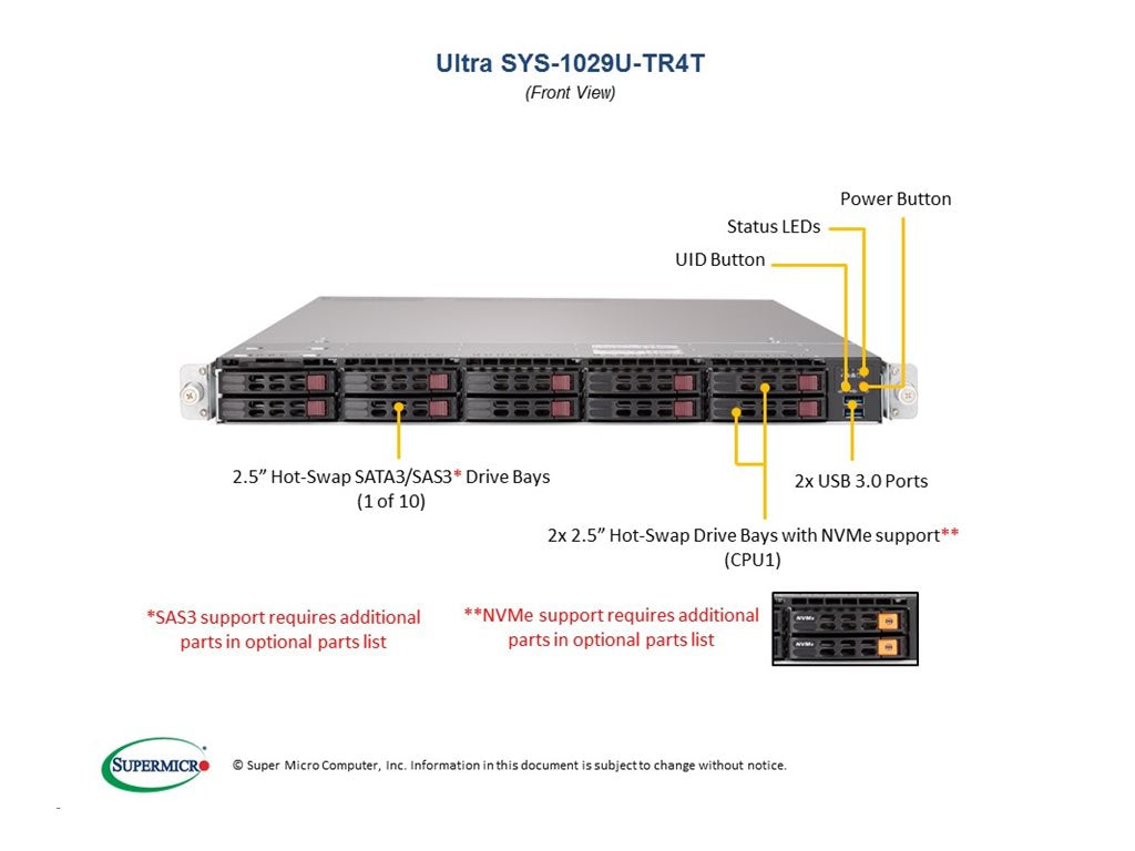Supermicro SuperServer 1029U-TR4T - Server - rack-mountable - 1U - 2-way - no CPU - RAM 0 GB - SATA - hot-swap 2.5 bay(s) - no SYS-1029U-TR4T