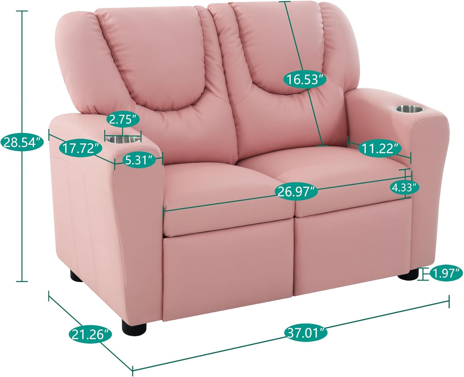 Suri Kids Recliner Loveseat Pink With Cup Holders Playtime