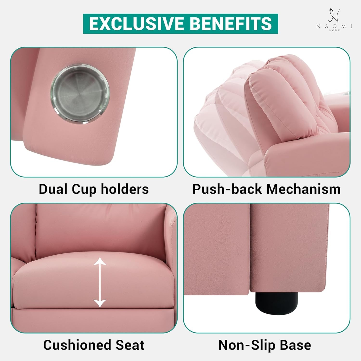 Suri Kids Recliner Loveseat Pink With Cup Holders Playtime