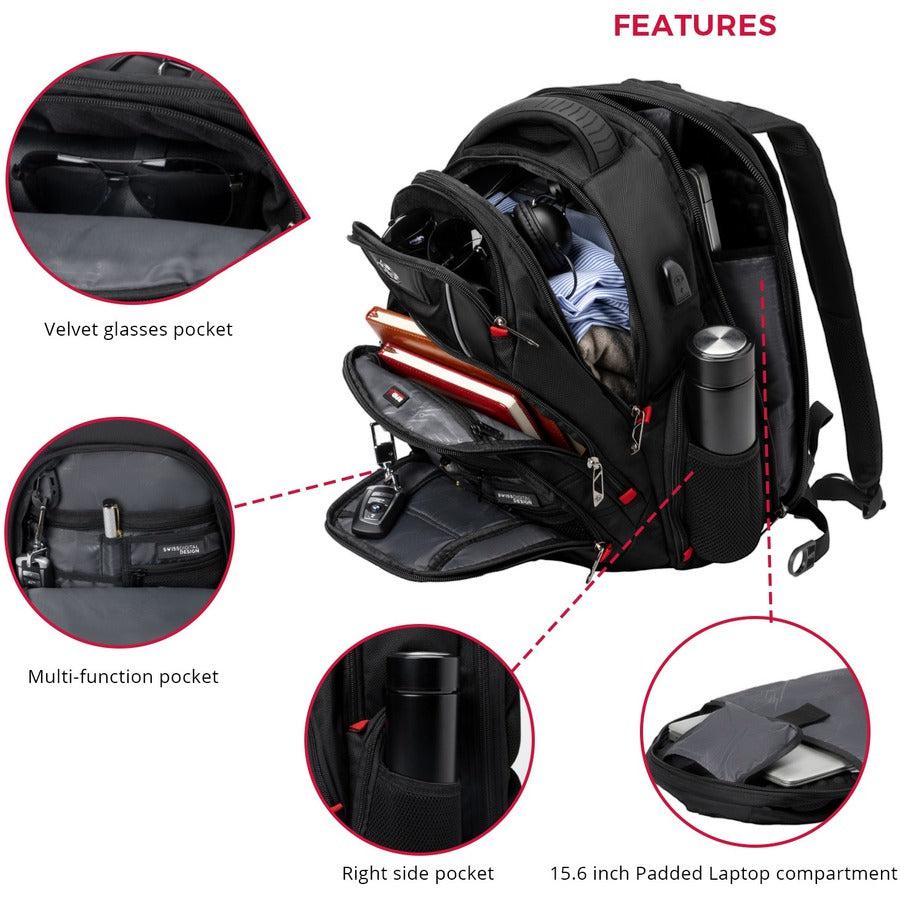 Swissdigital Design Circuit J14-BR Rugged Carrying Case (Backpack) for 15.6" to 16" Apple iPad Travel Essential, Notebook, MacBook - Black