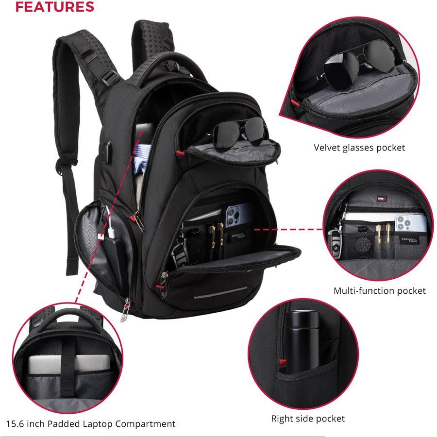 Swissdigital Design NEPTUNE SV MASSAGE SD1003M-V1 Carrying Case (Backpack) for 15.6" to 16" Apple, Amazon iPhone iPad Notebook, MacBook Pro, Tablet, Smartphone, Accessories, Cell Phone, Travel, College - Black