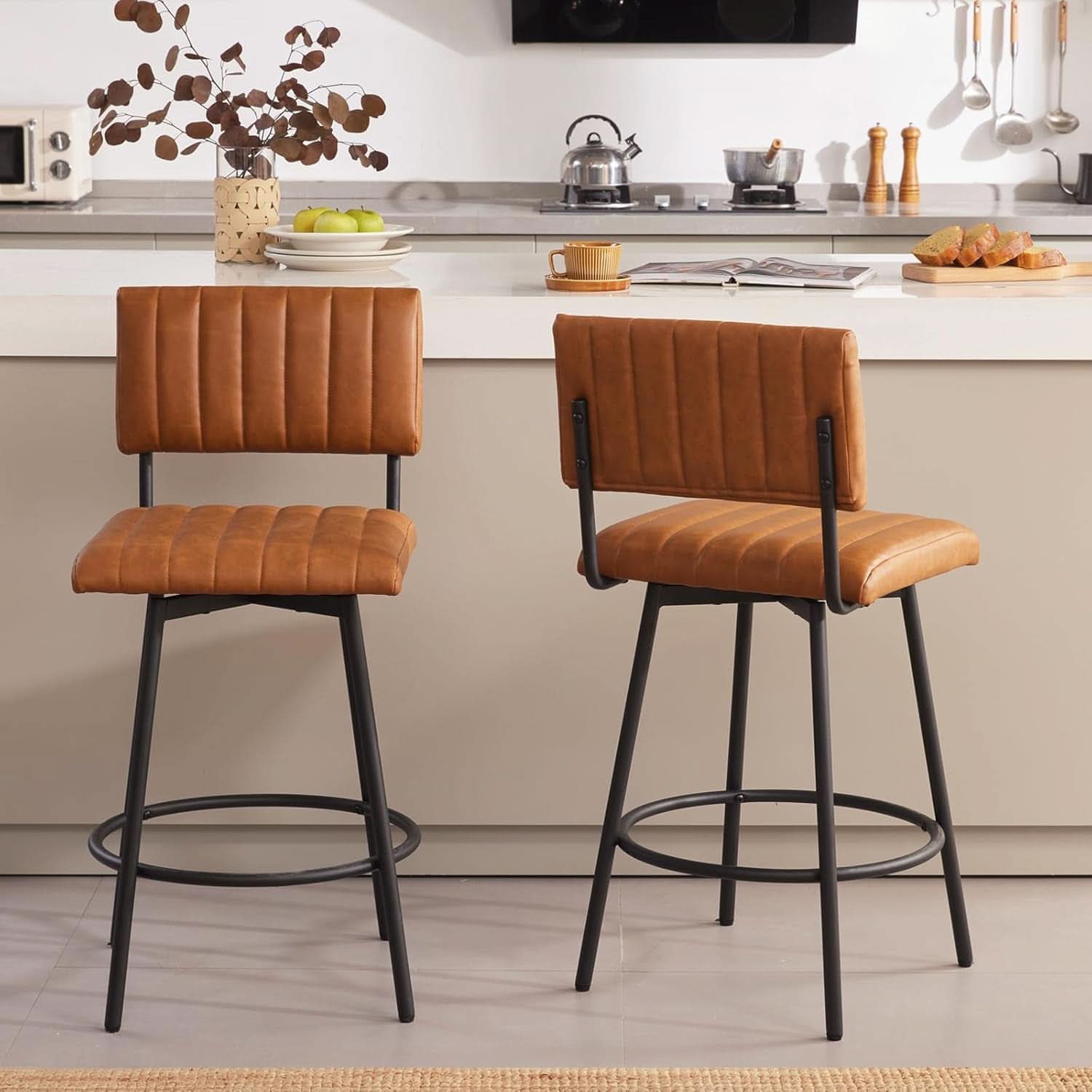 Swivel 26 Inch Counter Stool With Back Faux Leather Cognac