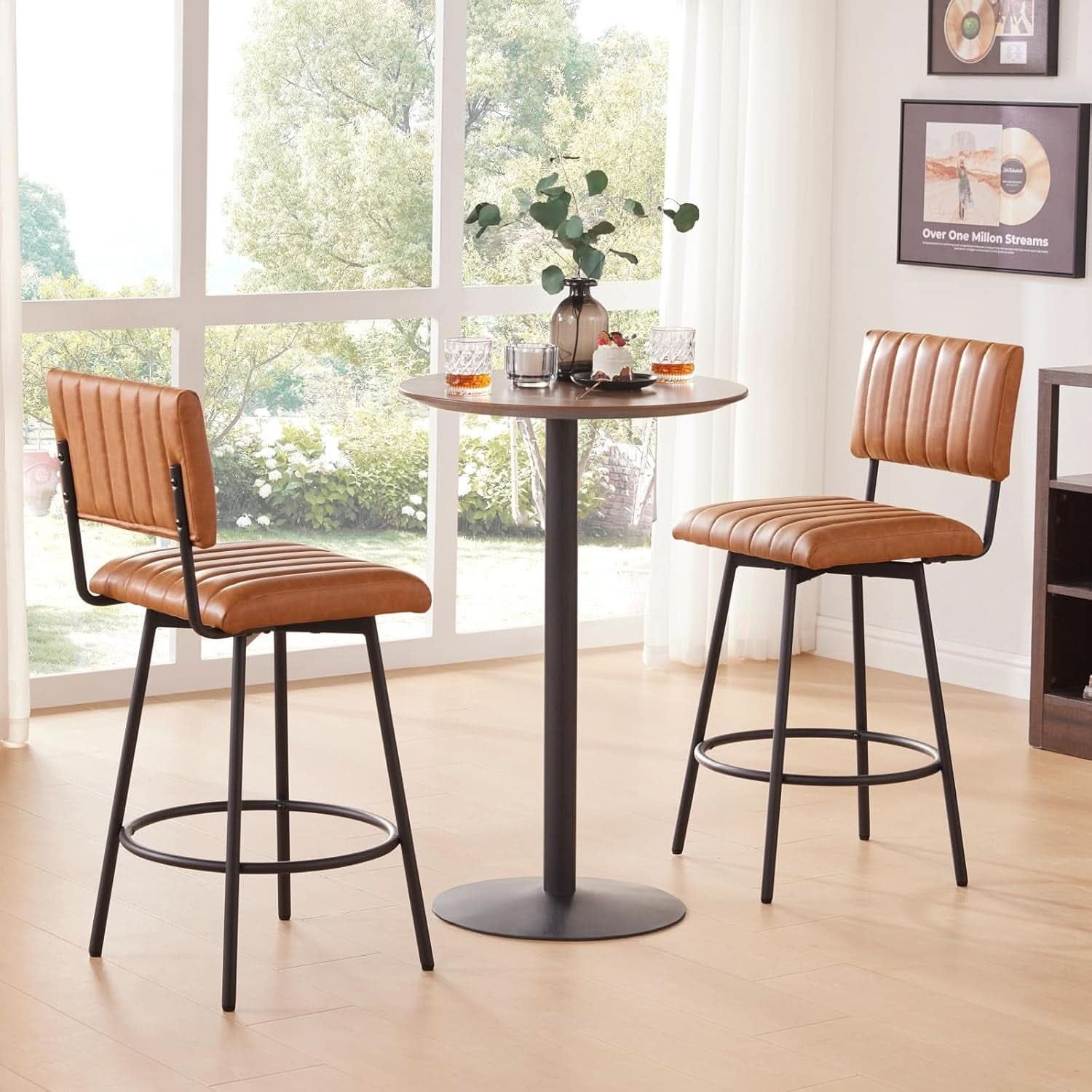 Swivel 26 Inch Counter Stool With Back Faux Leather Cognac