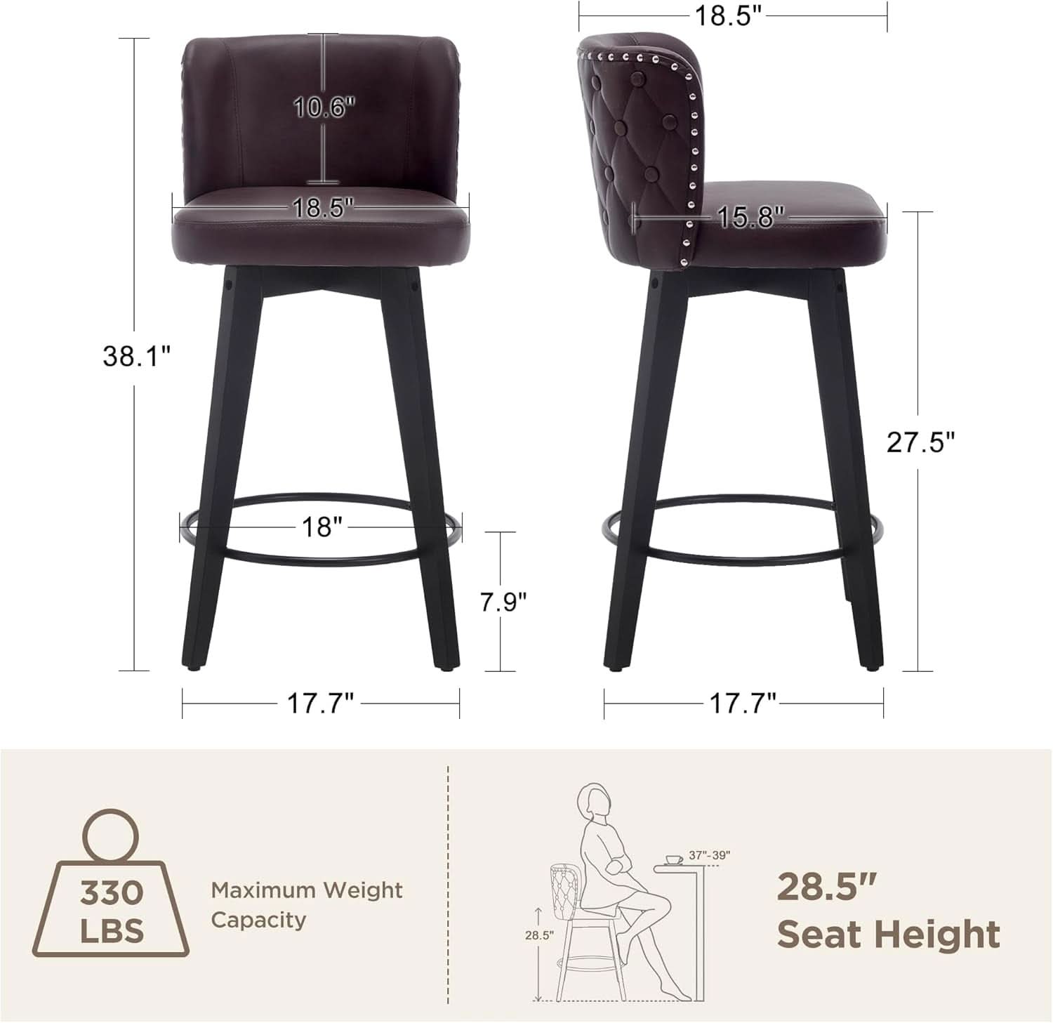 Swivel Bar Stool Set Of 4 Brown Faux Leather Wood Legs