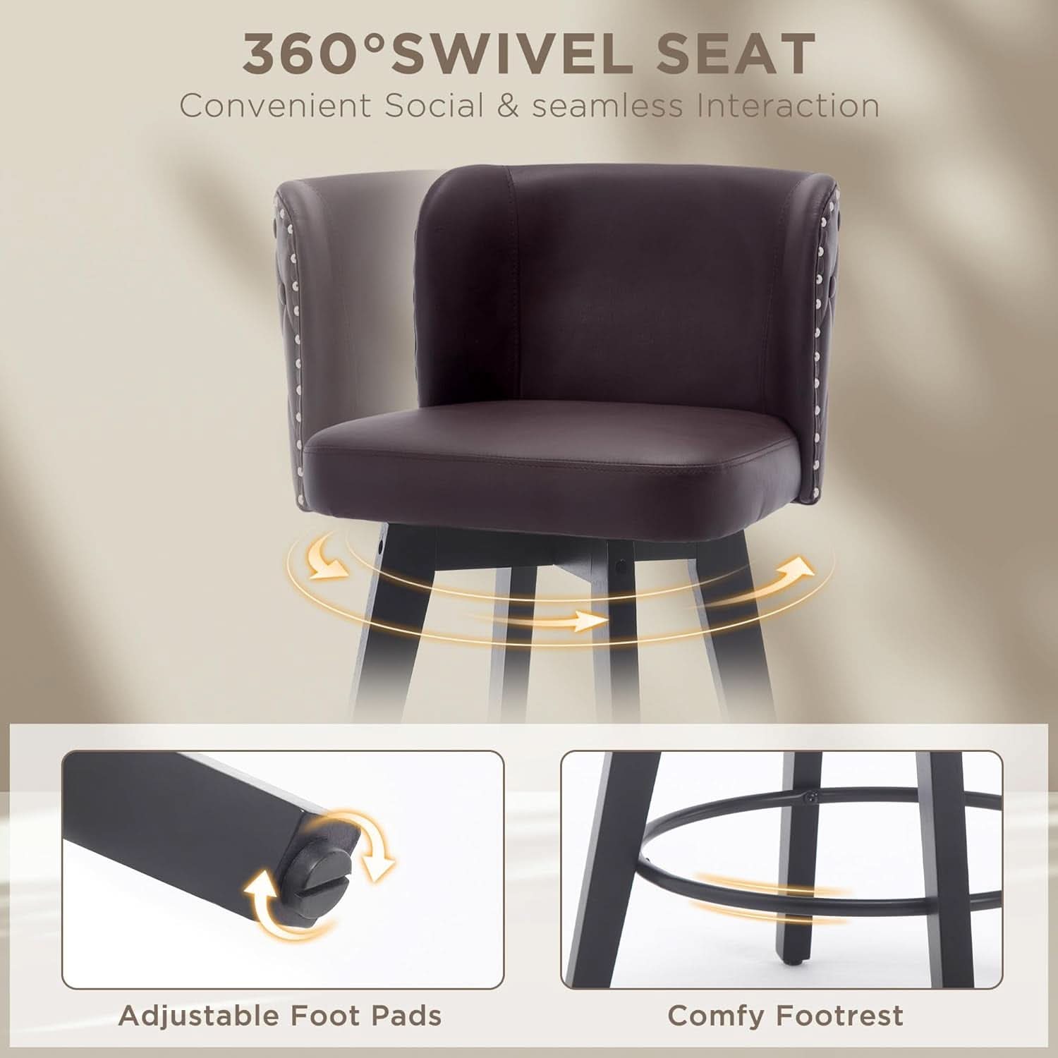 Swivel Bar Stool Set Of 4 Brown Faux Leather Wood Legs