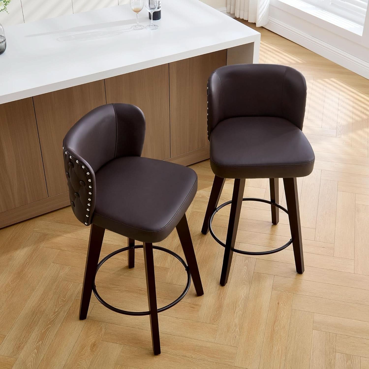 Swivel Bar Stool Set Of 4 Brown Faux Leather Wood Legs