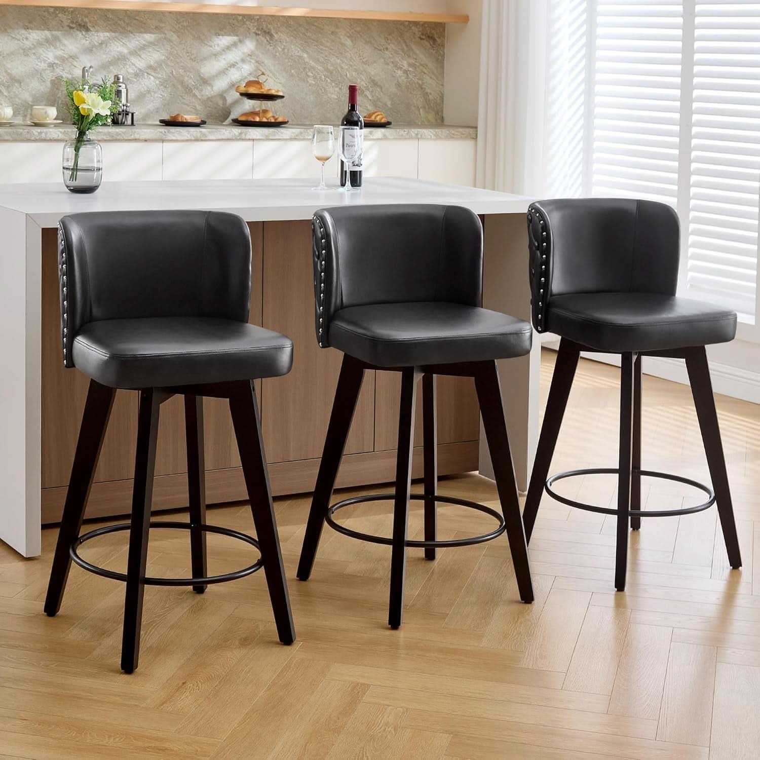 Swivel Bar Stool Set of Three with Faux Leather