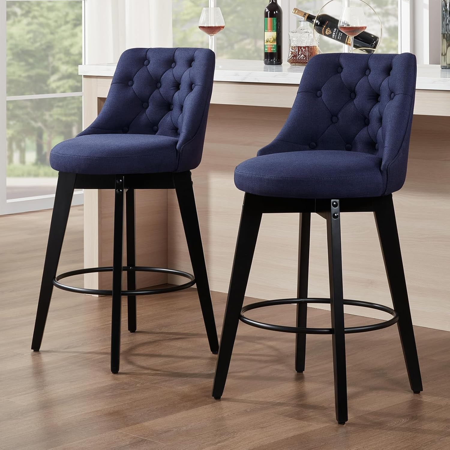Swivel Bar Stools 27 Inch Linen Upholstered With Backs Set Of 2 Blue