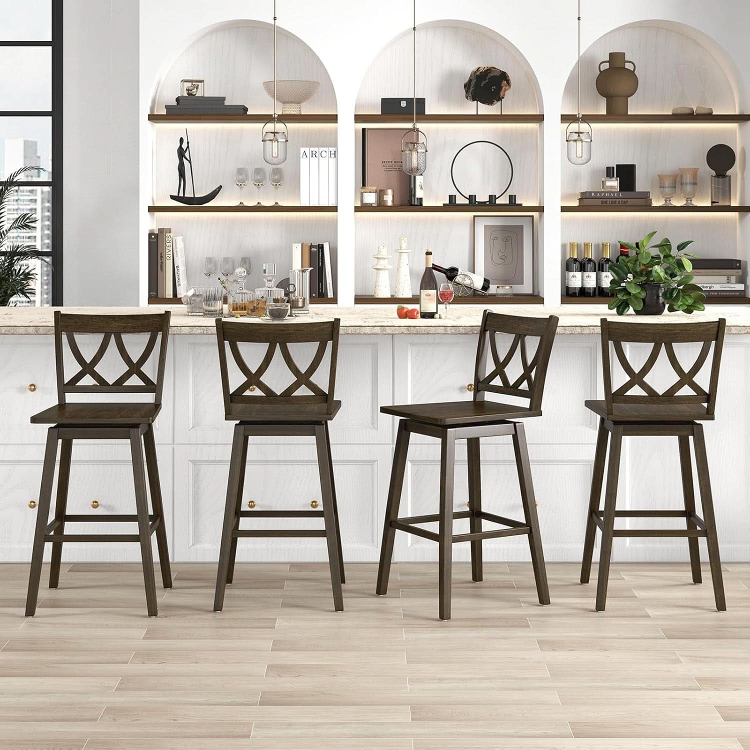Swivel Wooden Bar Stools Set of Four Dark Grey