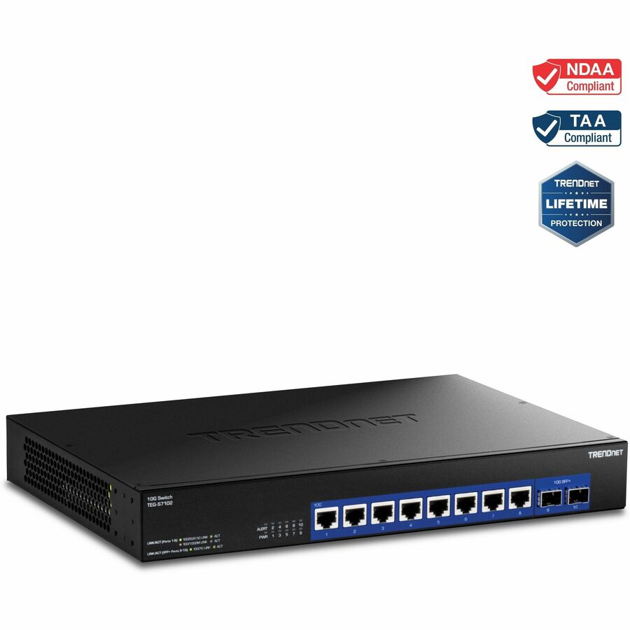 TRENDnet 10-Port 10G Unmanaged Switch, TEG-S7102, 8 x 10G RJ-45 Ports, 2 x 10G SFP+