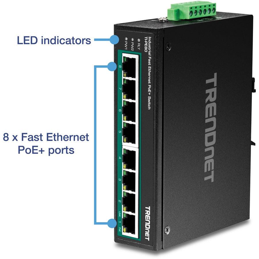 TRENDnet 8-Port Industrial PoE+ DIN-Rail Switch - Unmanaged Fast Ethernet Switch | Tecisoft TI-PE80