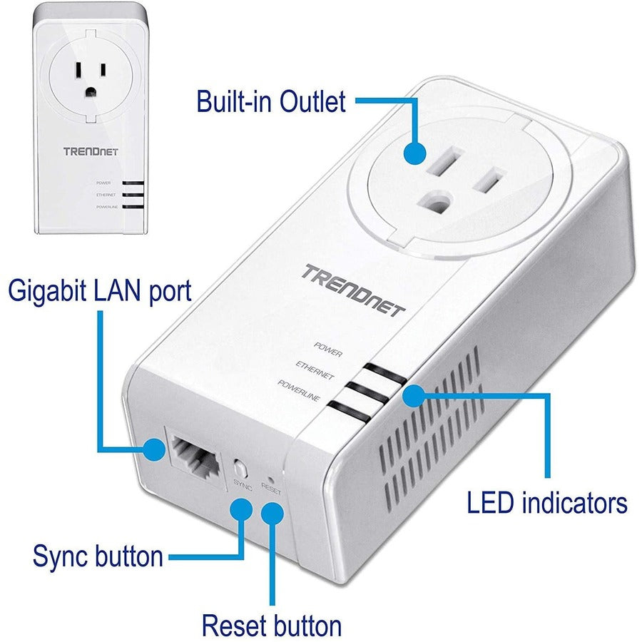TRENDnet Powerline 1300 AV2 Adapter With Built-in Outlet Adapter Kit, Includes 2 x TPL-423E Adapters, IEEE 1905.1 & IEEE 1901, Gigabit Port, Range Up To 300m (984 ft), White, TPL-423E2K