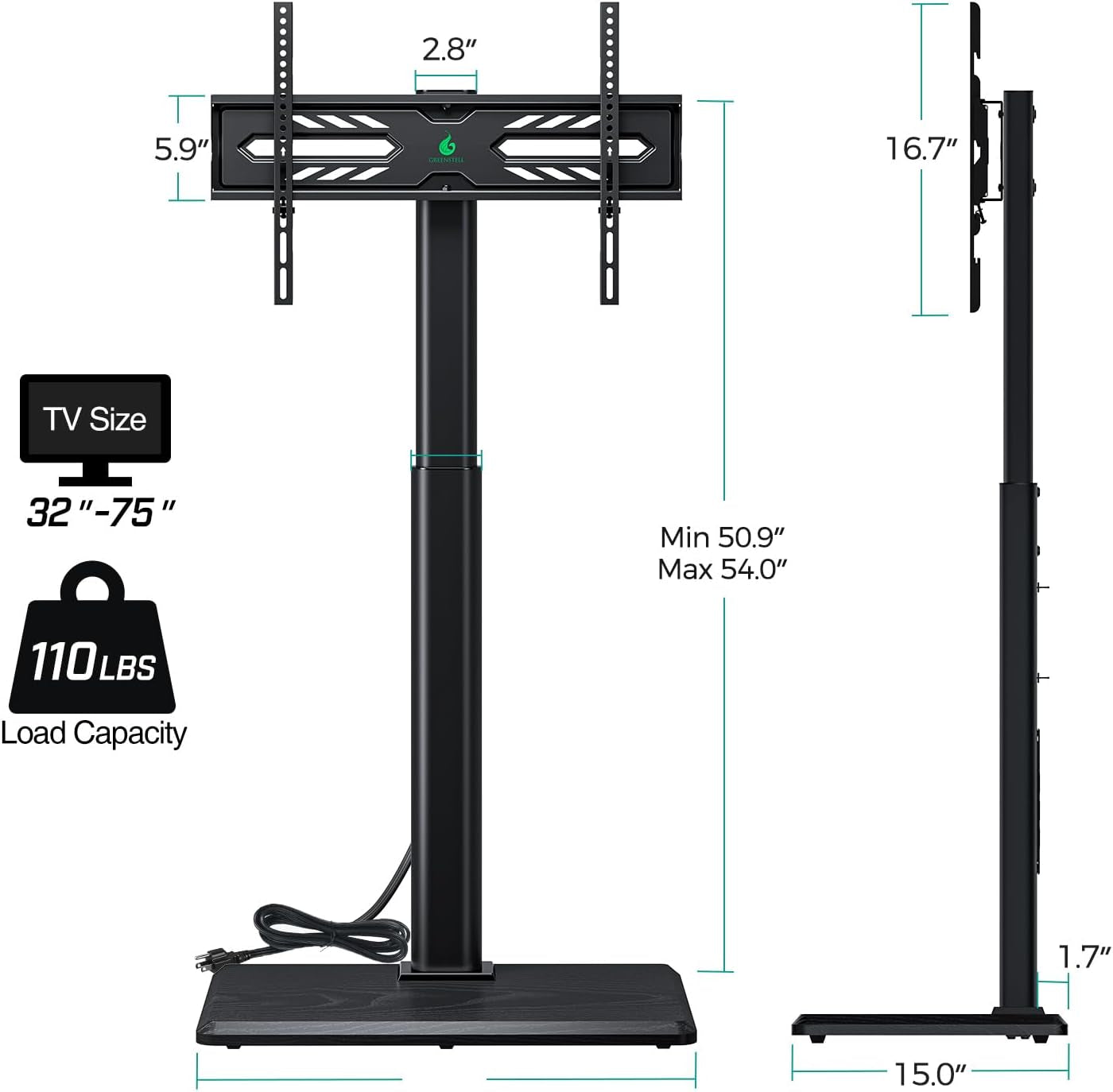 TV Stand Height Adjustable With Outlet For 32-75 Inch TVs