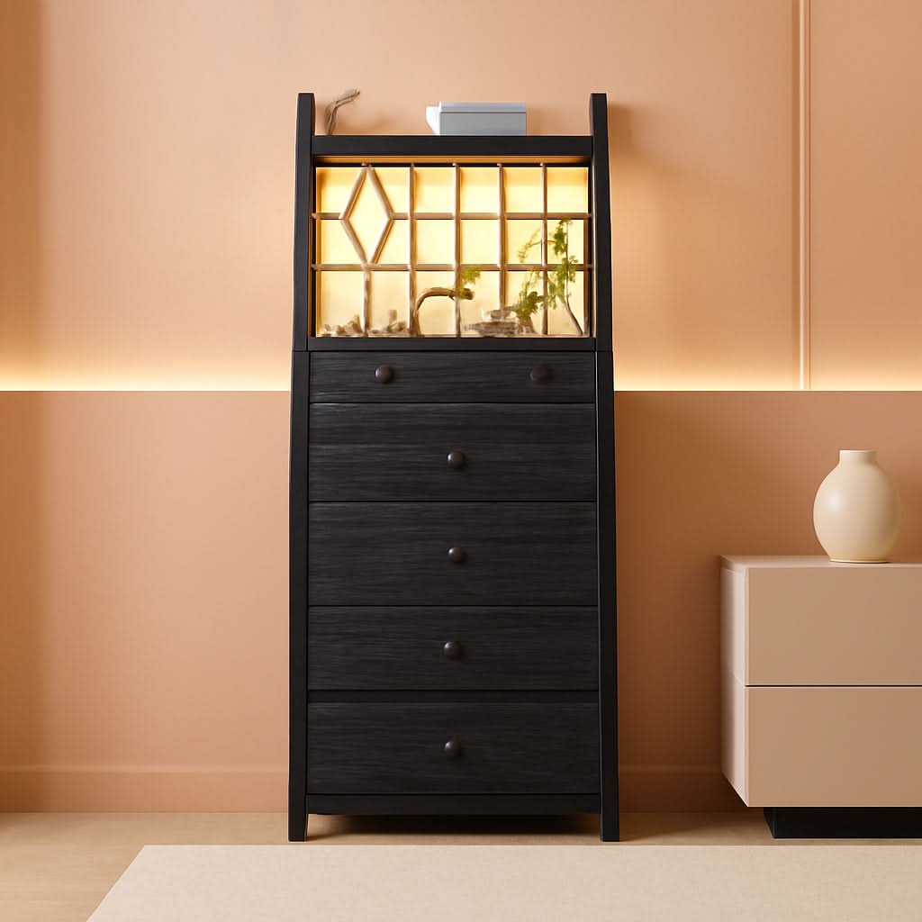 Tall 6 Drawer LED Vertical Dresser Black Bedroom Storage