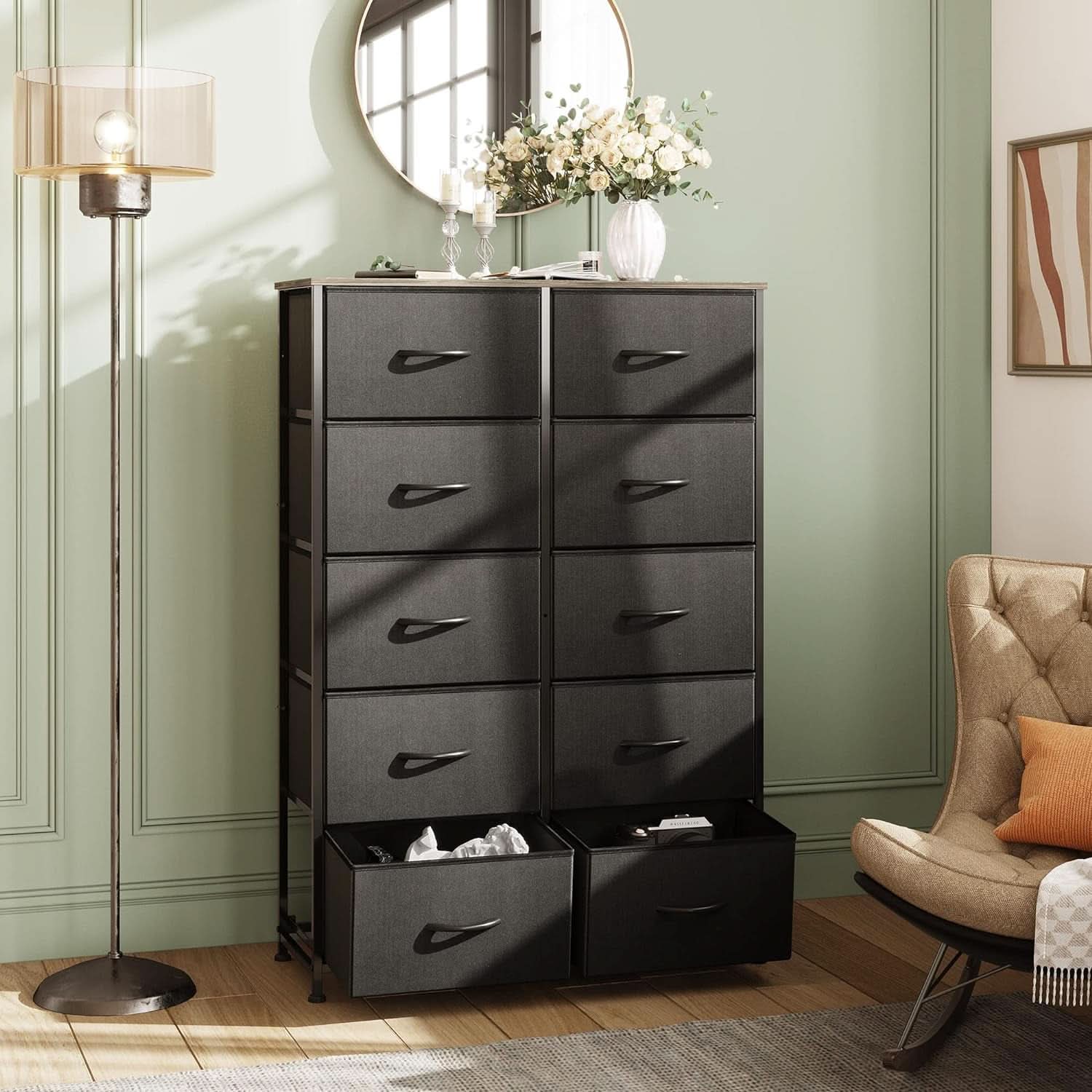 Tall Black Dresser With 10 Drawers And Fabric Bins Storage Organizer