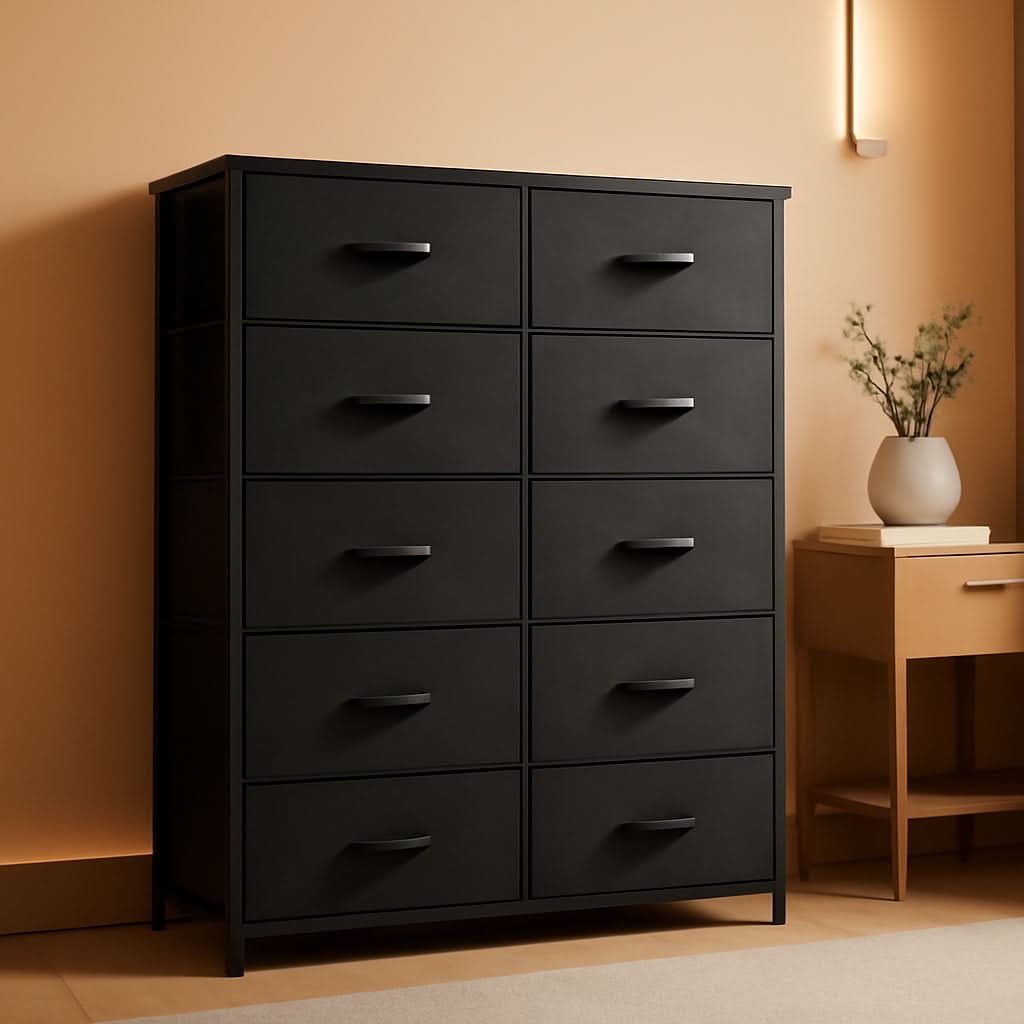 Tall Black Dresser With 10 Drawers And Fabric Bins Storage Organizer
