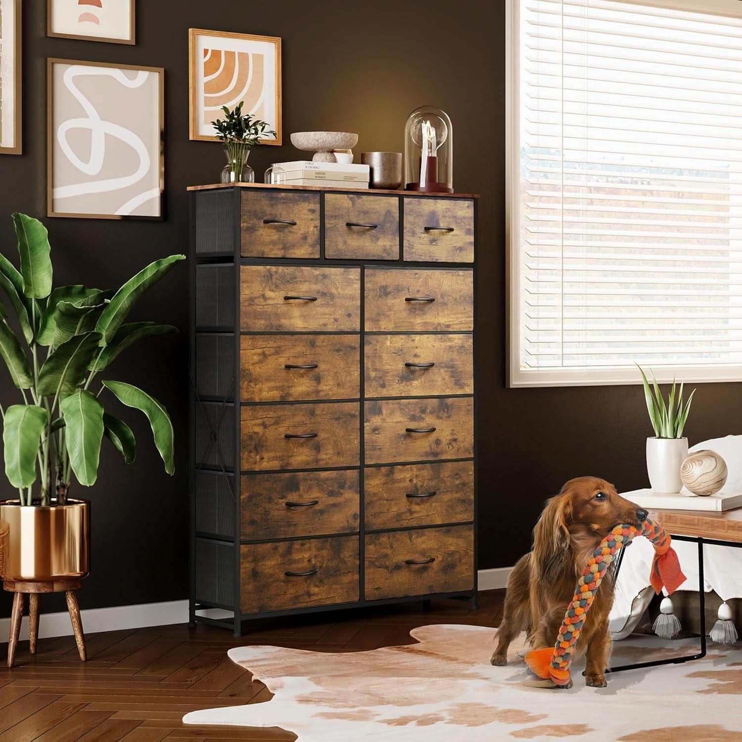 Tall Dresser For Bedroom With 13 Drawers Steel Frame Wood Top Rustic Brown