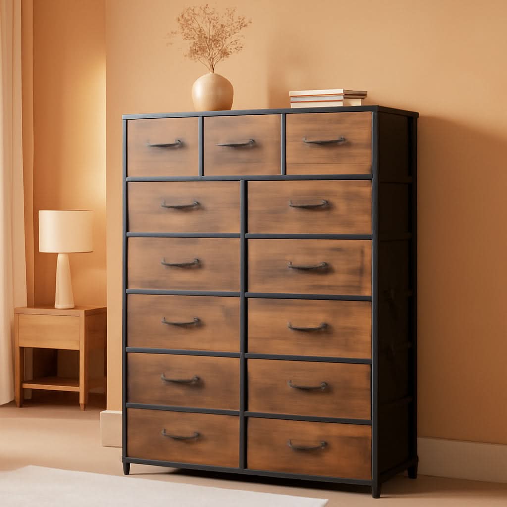 Tall Dresser For Bedroom With 13 Drawers Steel Frame Wood Top Rustic Brown