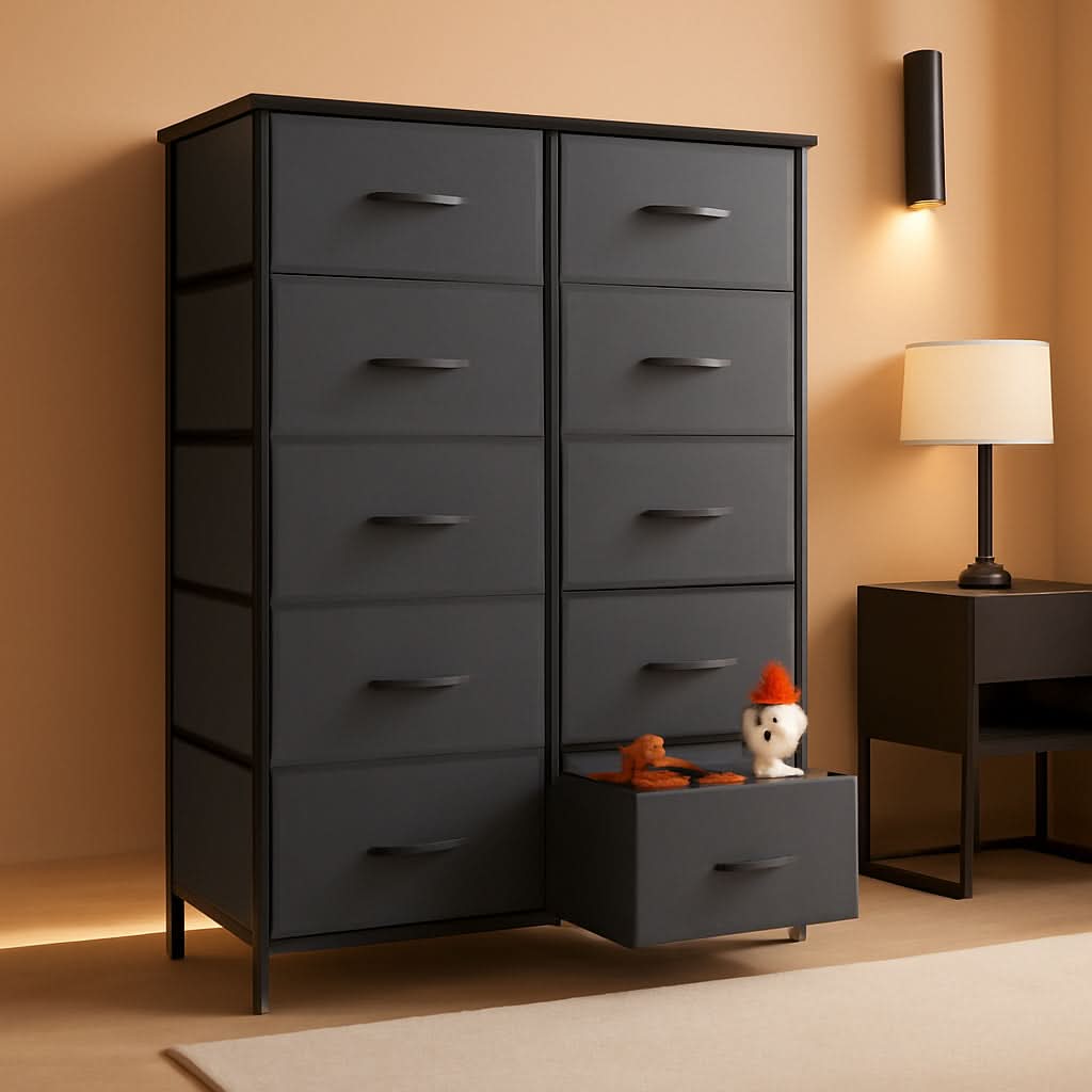 Tall Dresser With 10 Drawers And Wood Top For Bedroom