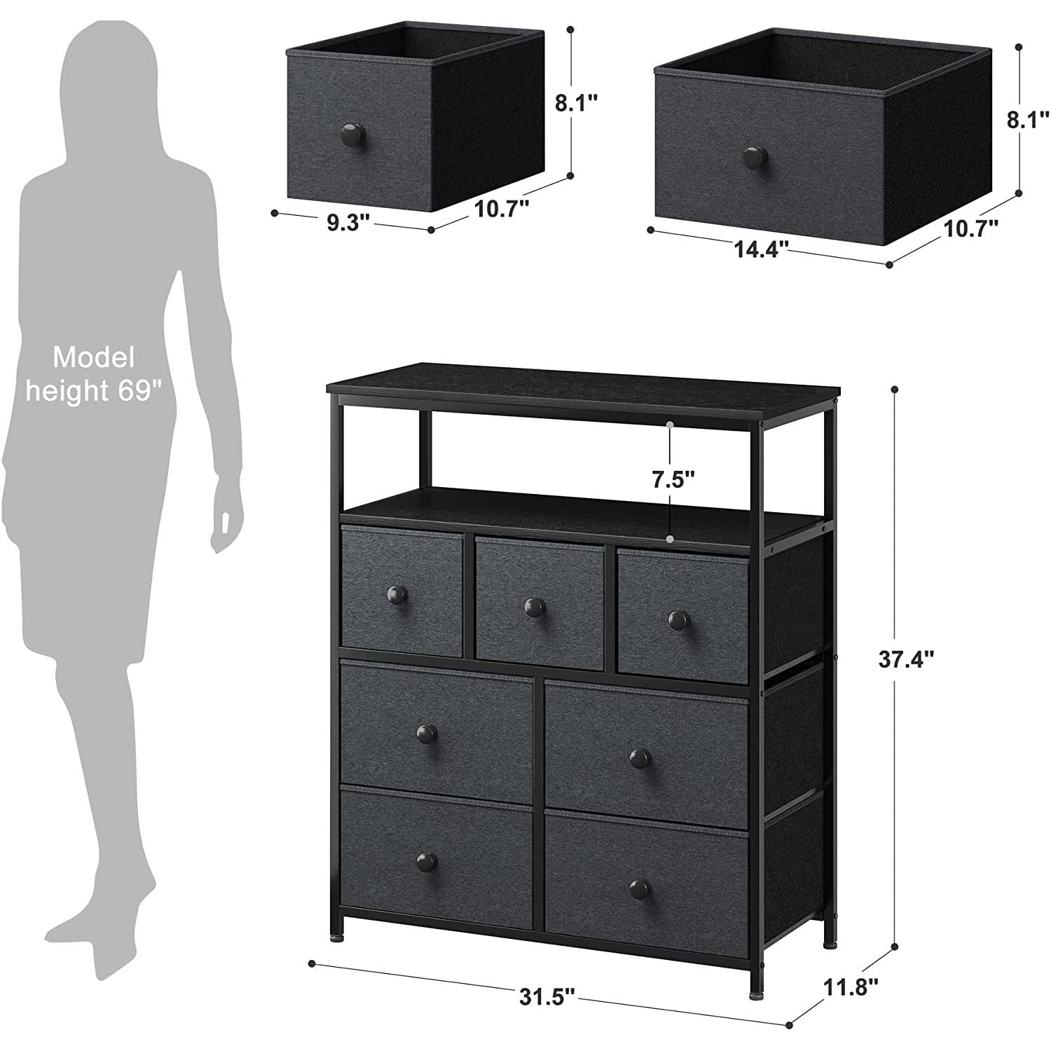 Tall Dresser With Shelves In Black Grey For Bedroom