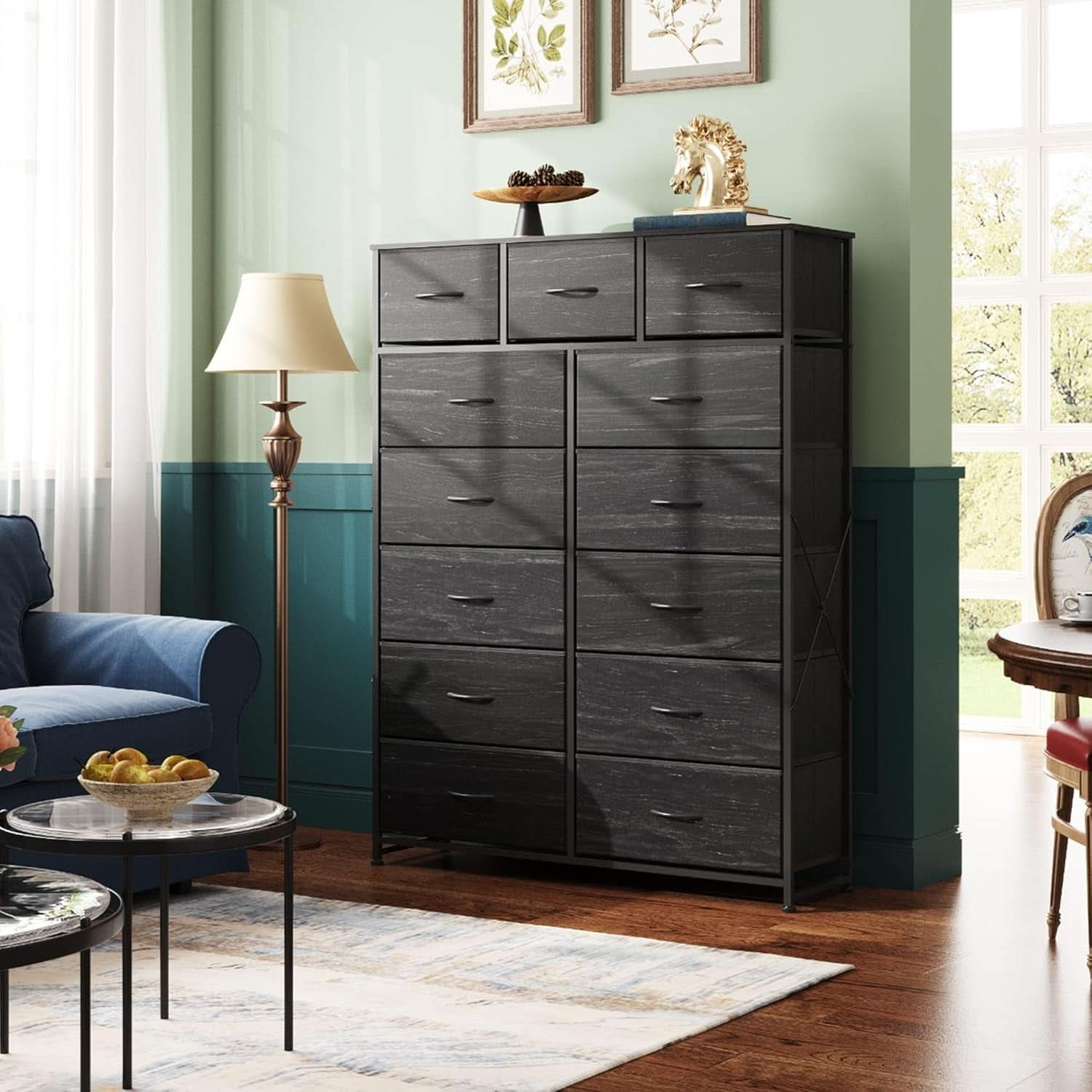 Tall Fabric Dresser With 13 Drawers Charcoal Black Wood Top