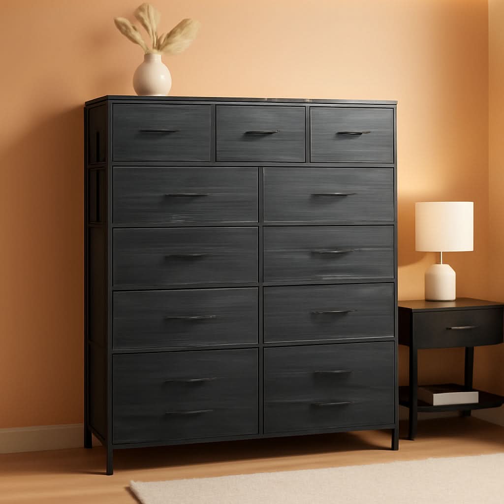 Tall Fabric Dresser With 13 Drawers Charcoal Black Wood Top