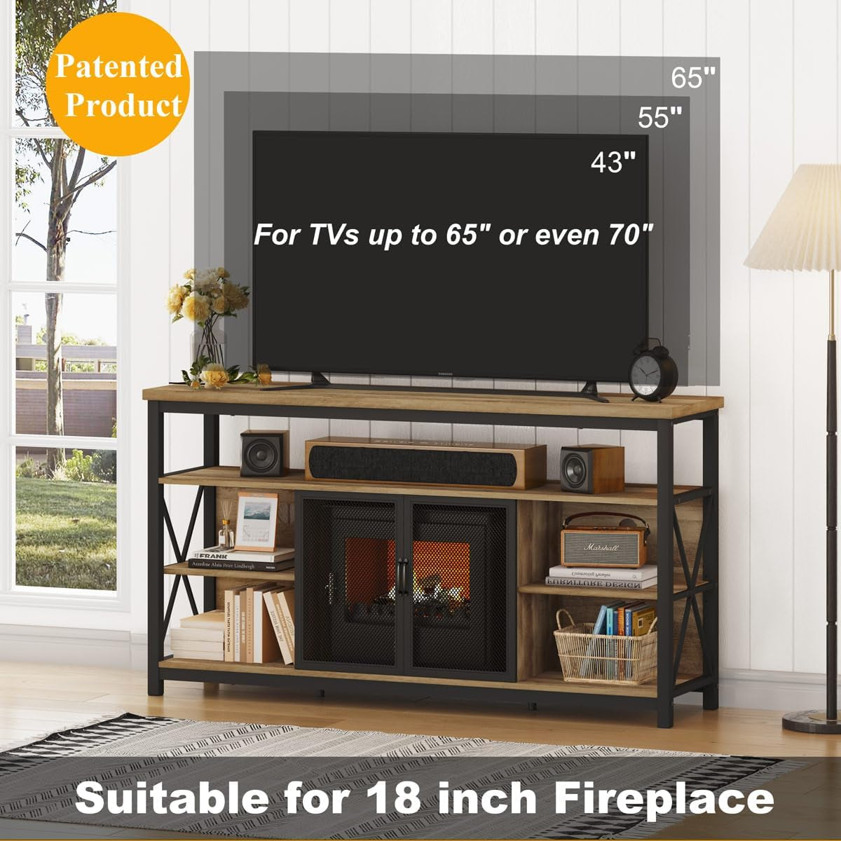 Tall TV Stand for 55-65 Inch TVs in Vintage Oak Rustic