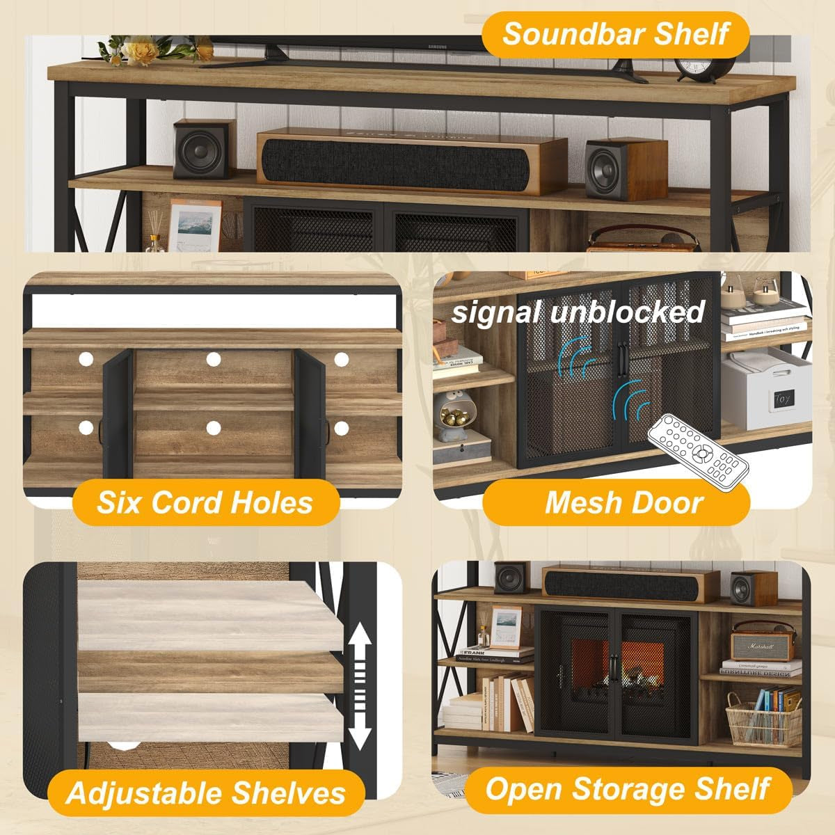 Tall TV Stand for 55-65 Inch TVs in Vintage Oak Rustic