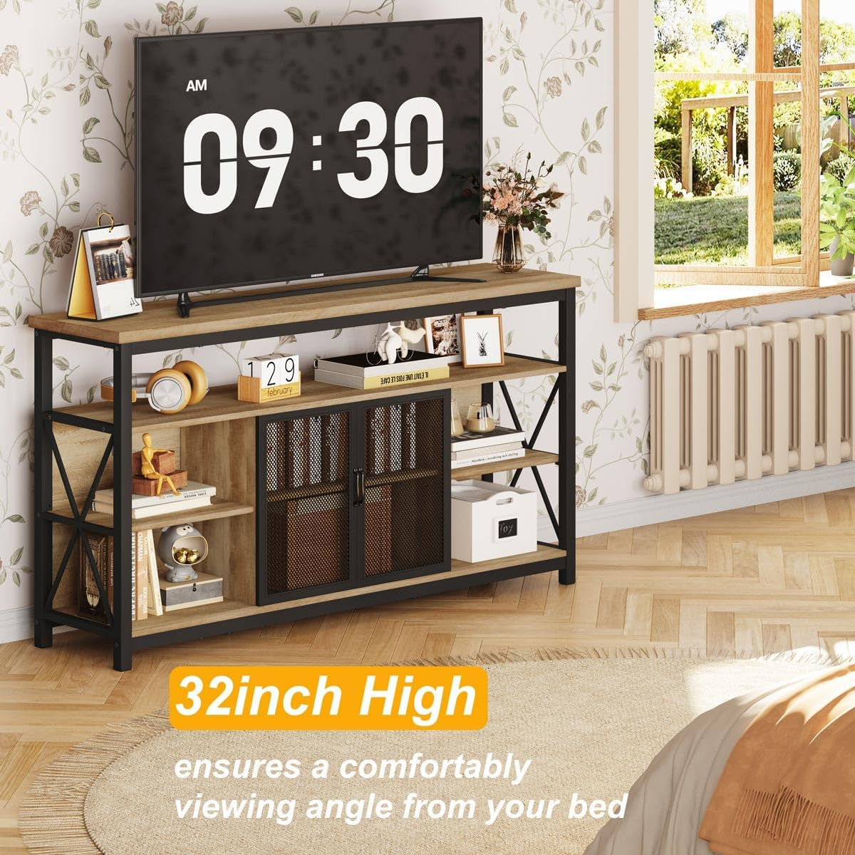 Tall TV Stand for 55-65 Inch TVs in Vintage Oak Rustic