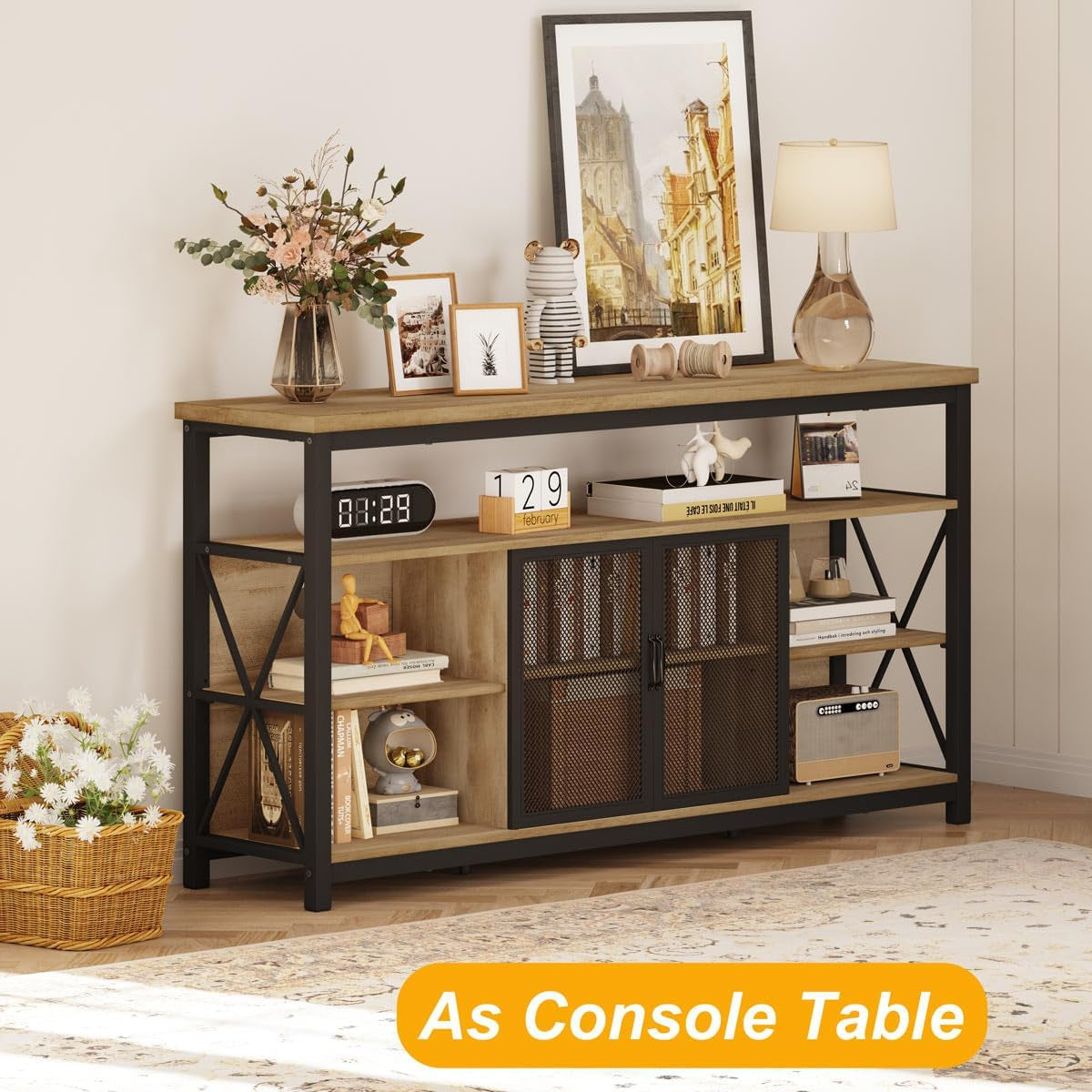 Tall TV Stand for 55-65 Inch TVs in Vintage Oak Rustic
