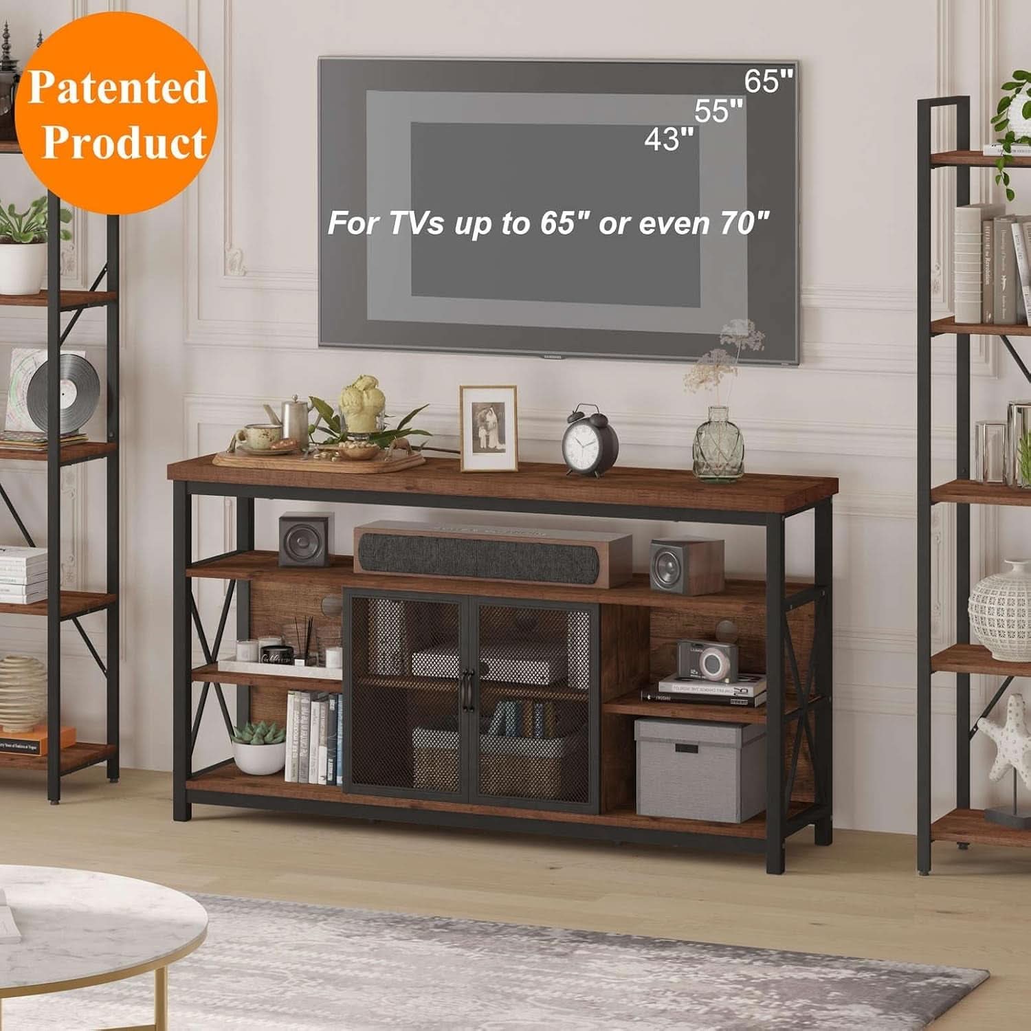 Tall TV Stand for 65 Inch TVs in Rustic Oak Industrial Wood