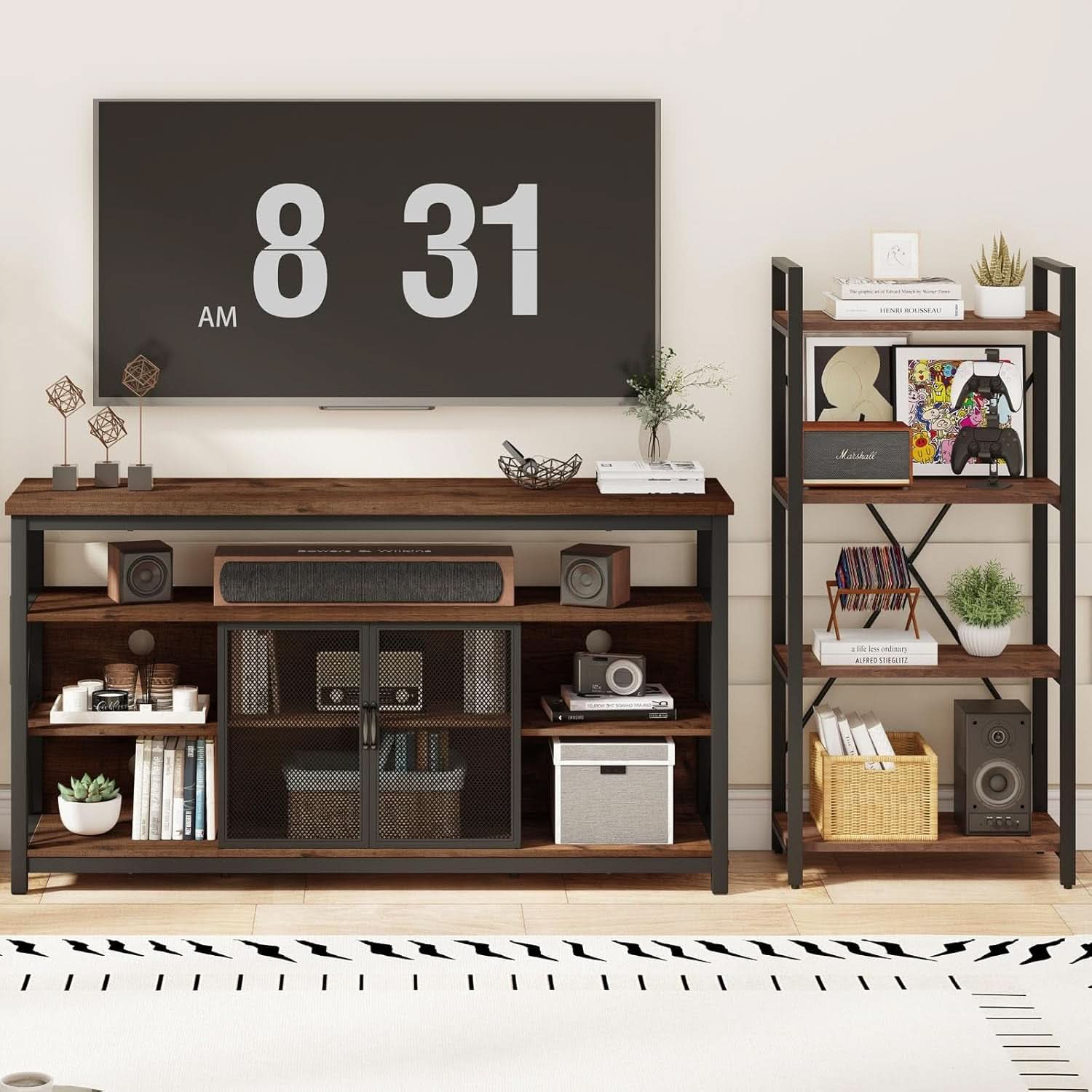 Tall TV Stand for 65 Inch TVs in Rustic Oak Industrial Wood