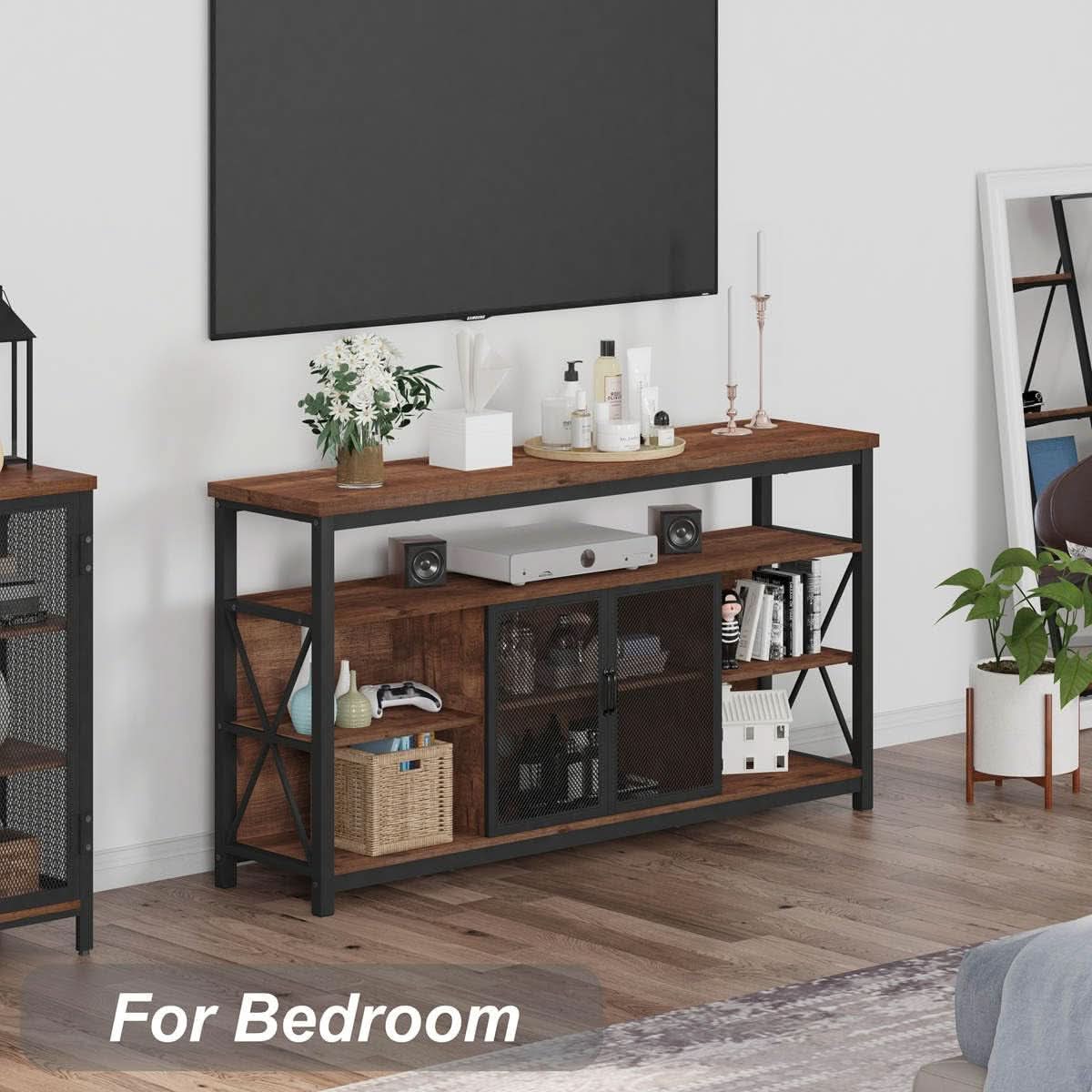Tall TV Stand for 65 Inch TVs in Rustic Oak Industrial Wood