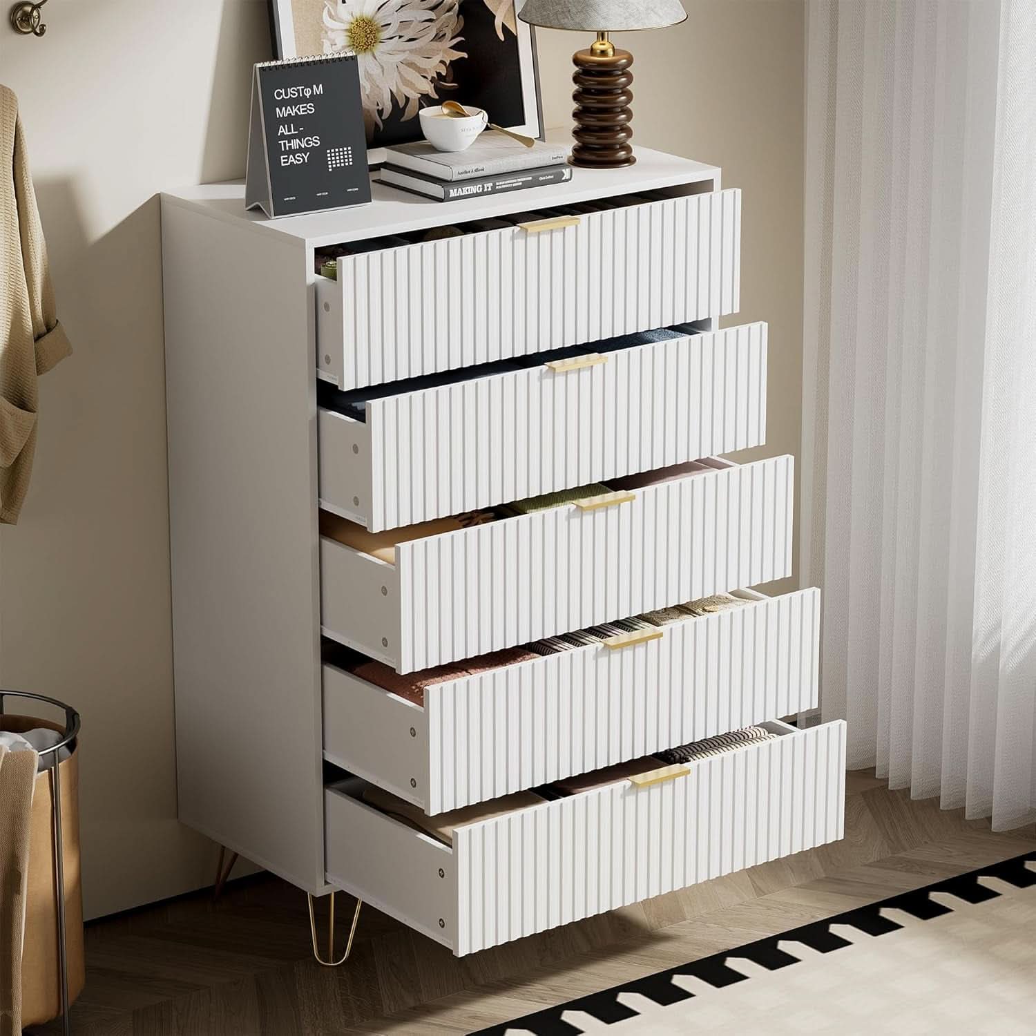 Tall White Contemporary Fluted Dresser With Gold Pulls