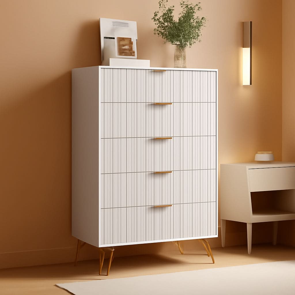 Tall White Contemporary Fluted Dresser With Gold Pulls