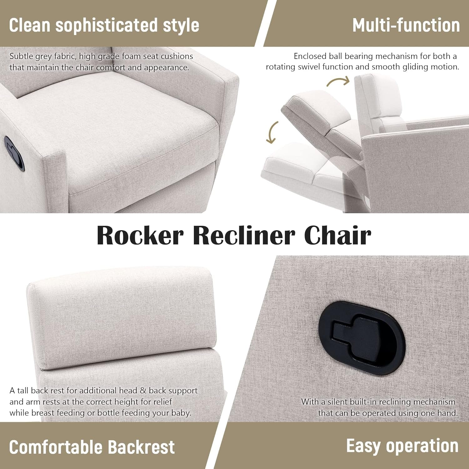 Tan Linen Swivel Rocker Recliner With Adjustable Headrest