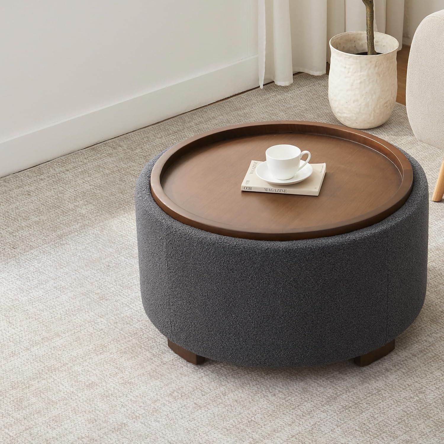 Thirty Inch Round Storage Ottoman Grey Fabric Lift Lid