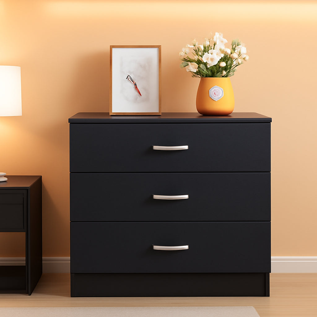 Three Drawer Dresser Black Wood Nightstand For Bedroom Living Room Modern Storage Chest Of Drawers