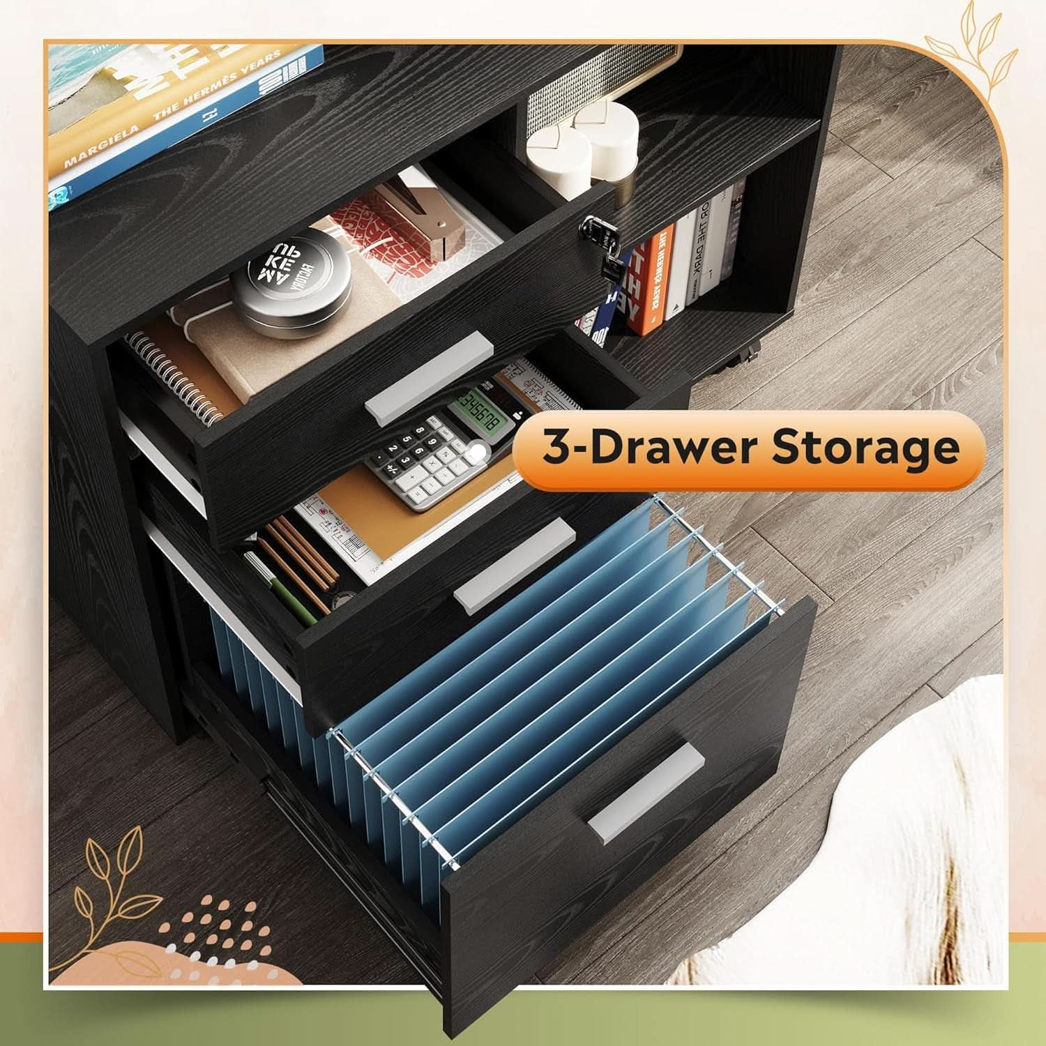 Three Drawer Wood File Cabinet With Lock Black Finish