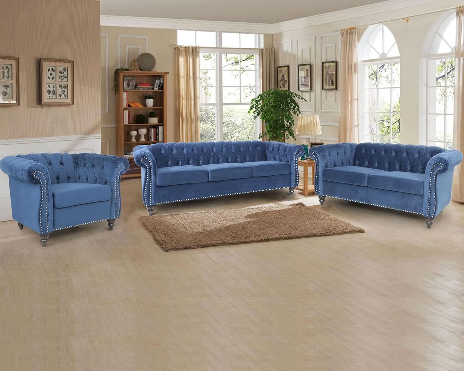 Three Piece Blue Velvet Chesterfield Sofa Set With Club Chair And Loveseat For Living Room