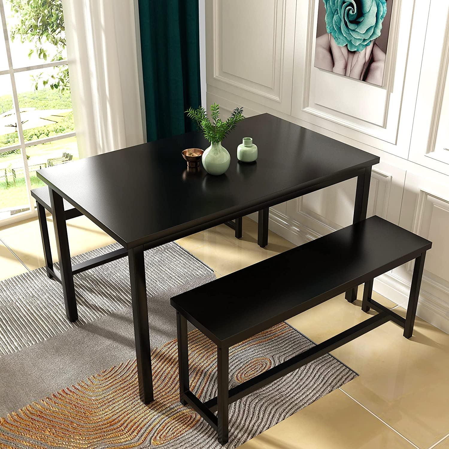 Three Piece Dining Table Set With Benches Splashproof Wood
