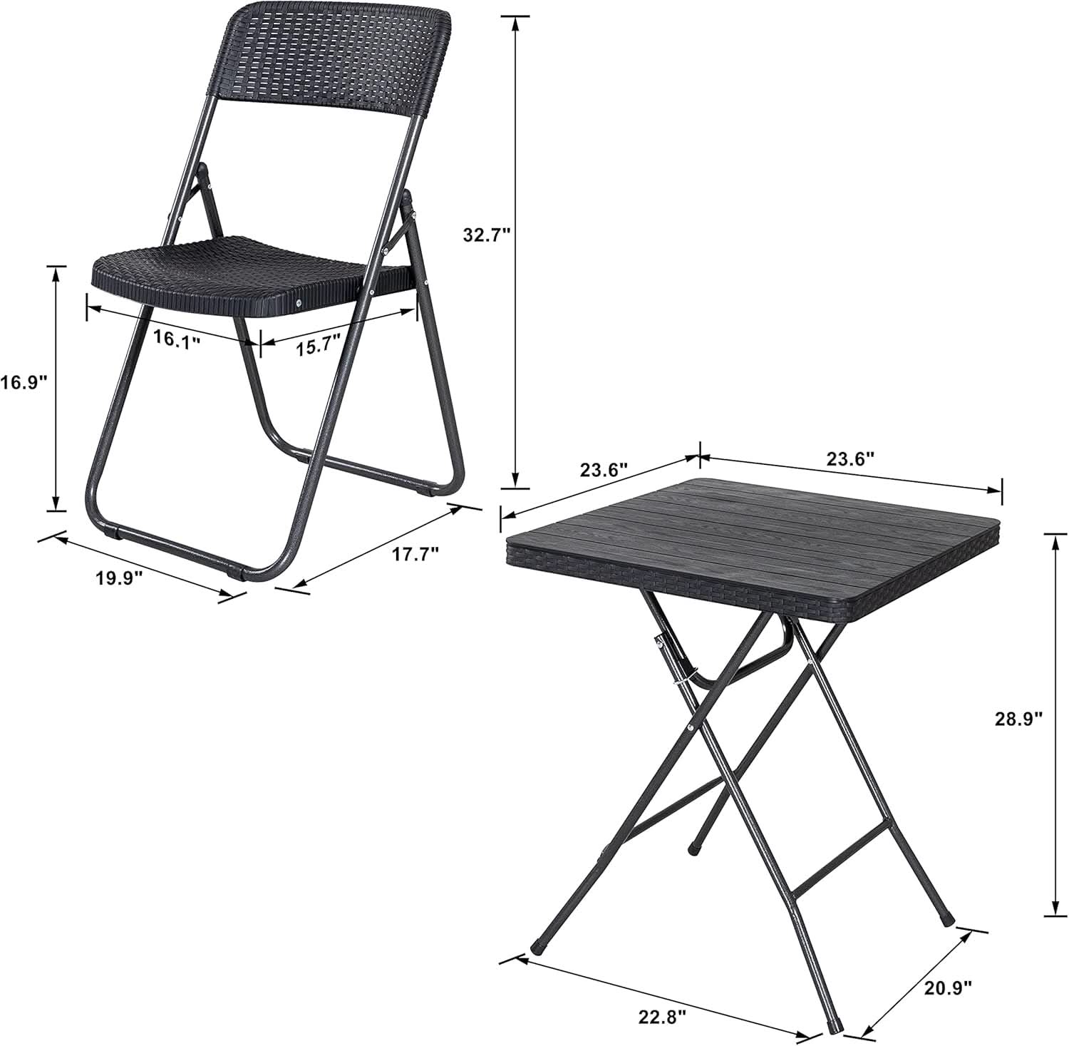 Three Piece Folding Patio Bistro Set All Weather Black For Balcony Porch And Backyard Outdoor Furniture