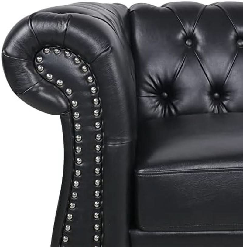 Three Piece Living Room Furniture Set With Faux Leather Chesterfield Sofa Club Chair And Loveseat In Black