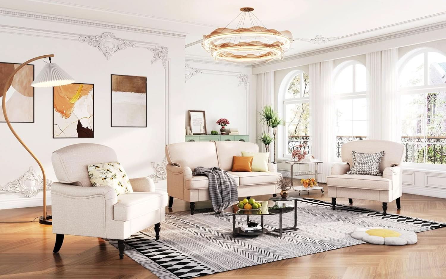 Three Piece Living Room Furniture Set With Linen Fabric Loveseat And Two Accent Chairs Off White