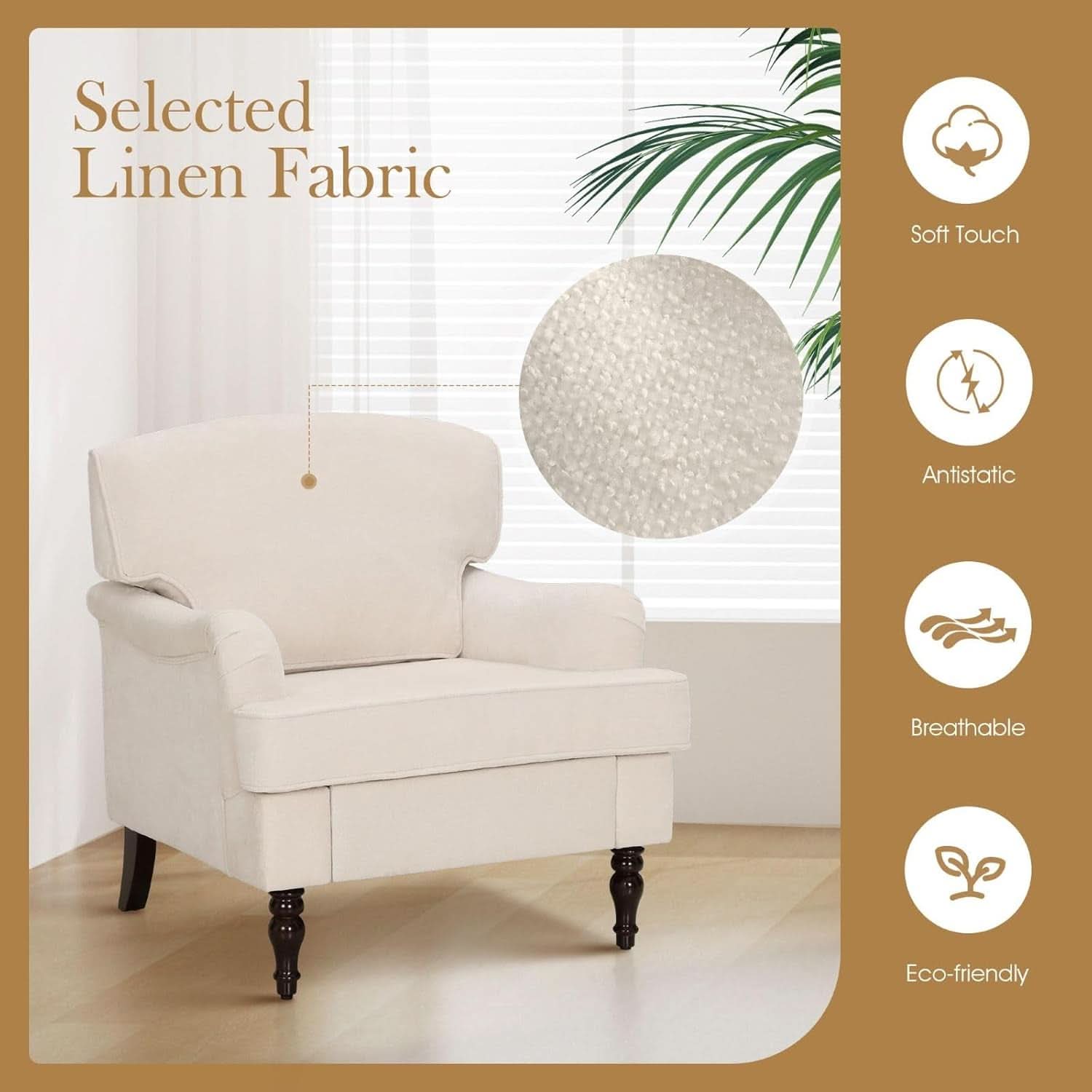 Three Piece Living Room Furniture Set With Linen Fabric Loveseat And Two Accent Chairs Off White